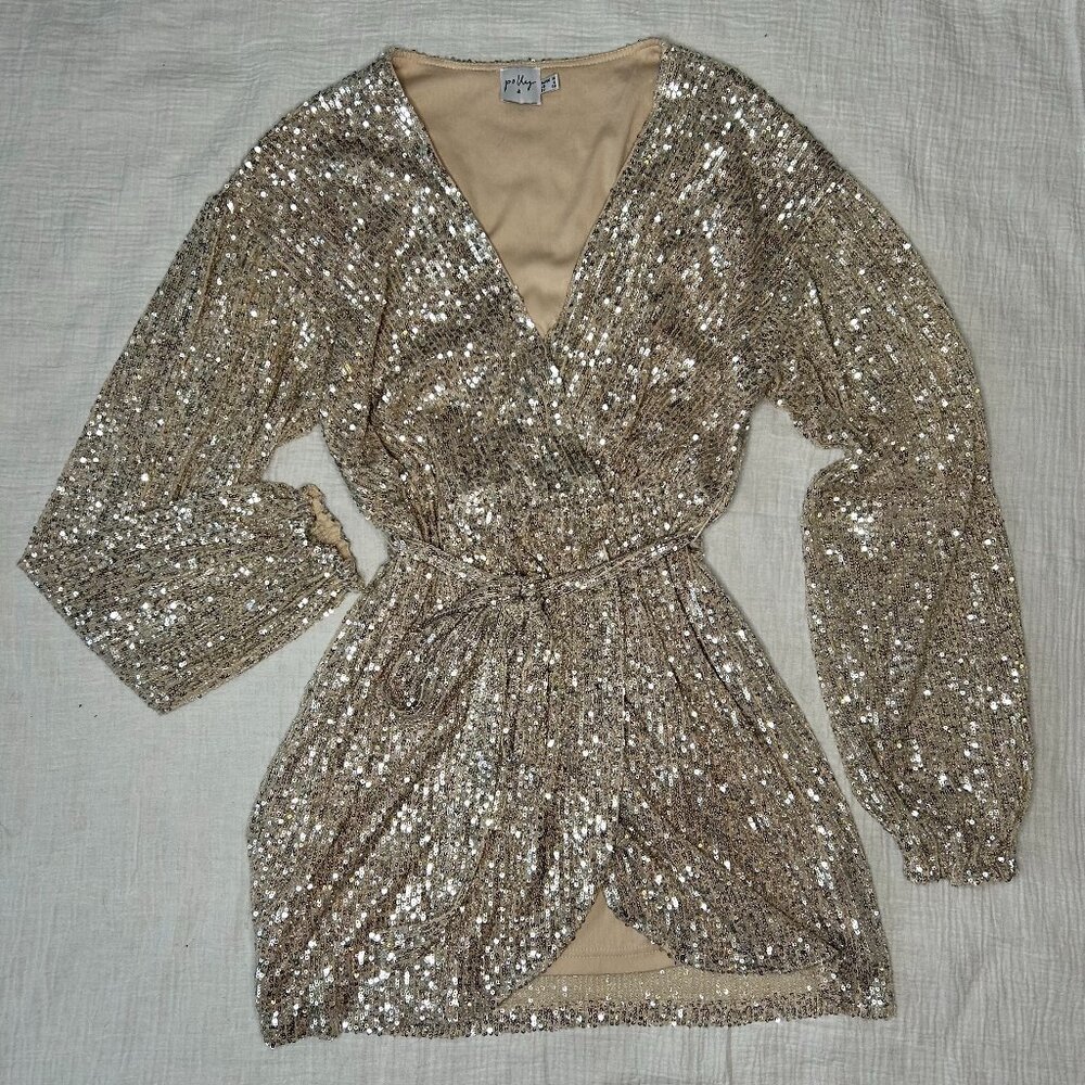 PRINCESS POLLY Dancing Queen Mini Sequins Champagne Wrap Dress SIZE US 6